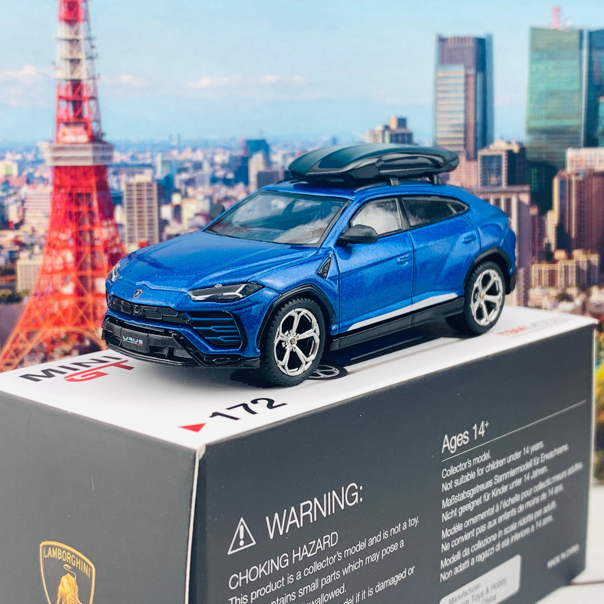 MINI GT 1/64 Lamborghini Urus Blu Eleos w/ Roof Box LHD MGT00172-L 
