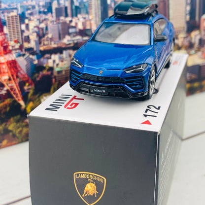 MINI GT 1/64 Lamborghini Urus Blu Eleos w/ Roof Box LHD MGT00172-L 