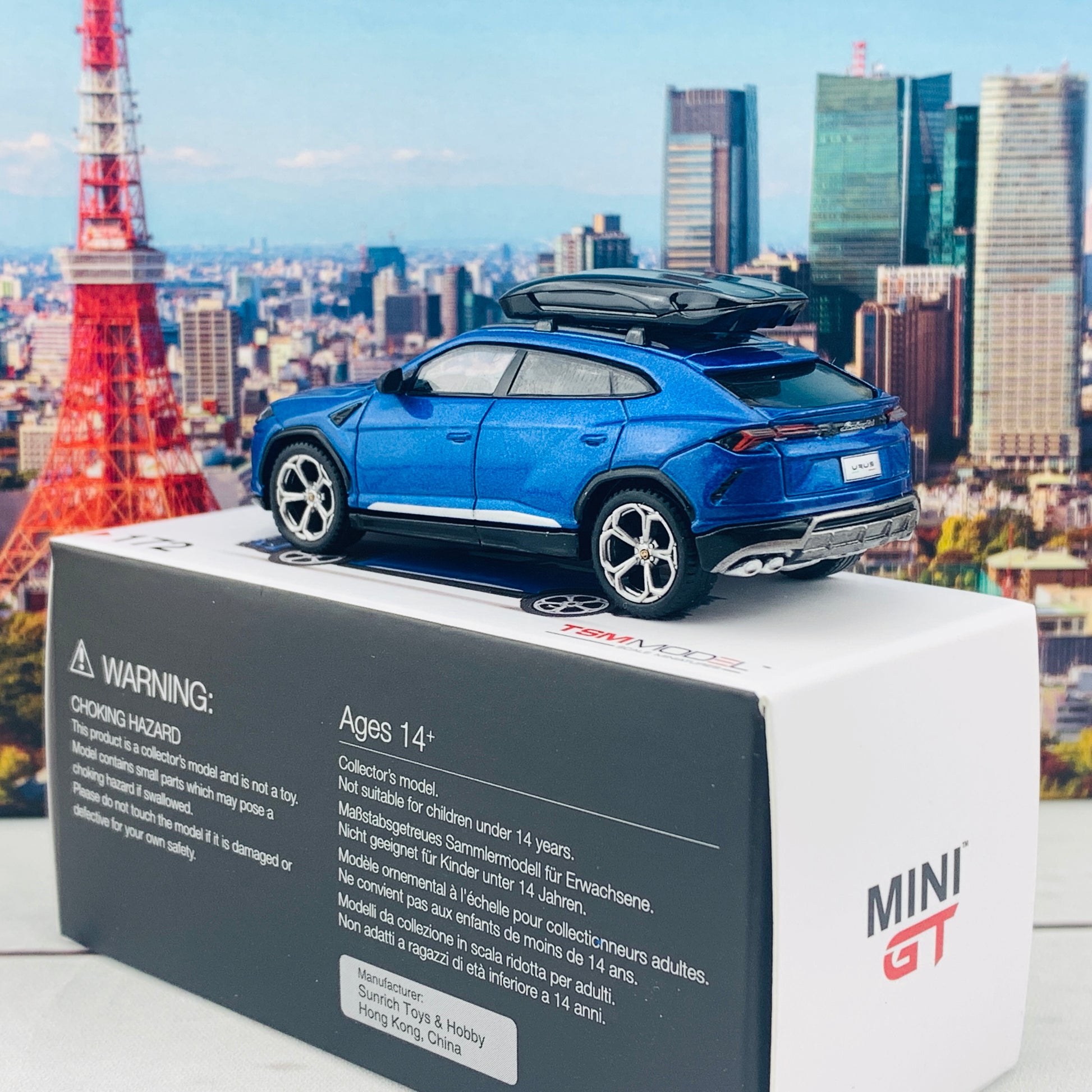 MINI GT 1/64 Lamborghini Urus Blu Eleos w/ Roof Box LHD MGT00172-L 