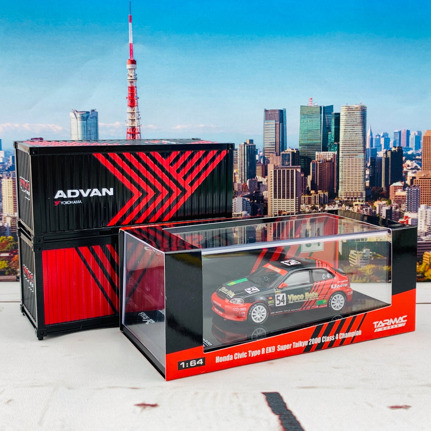 Tarmac Works 1/64 Honda Civic Type R EK9 Super Taikyu 2000 Class 4 Champion #54 T64-010-ADV and Tarmac Works 1/64 Containers Set - ADVAN T64C-001-ADV