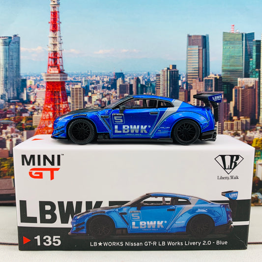 MINI GT 1/64 LB WORKS Nissan GTR R35 Type 2 Rear Wing Version 3, Blue, LB Work Livery 2.0  RHD MGT00135-R