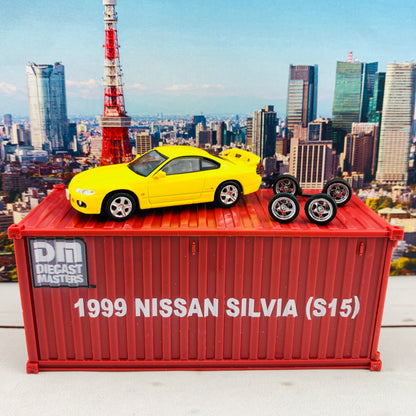 BM Creations JUNIOR 1/64 Nissan Silvia S15 Yellow RHD with Extra Wheels, Lowering Parts and Container Display 64DM64009