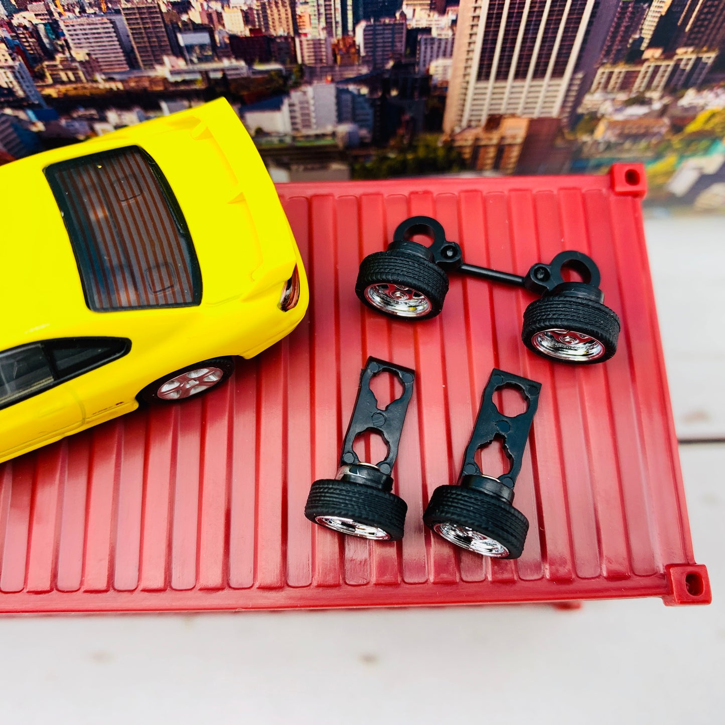 BM Creations JUNIOR 1/64 Nissan Silvia S15 Yellow RHD with Extra Wheels, Lowering Parts and Container Display 64DM64009