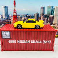 BM Creations JUNIOR 1/64 Nissan Silvia S15 Yellow RHD with Extra Wheels, Lowering Parts and Container Display 64DM64009