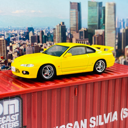BM Creations JUNIOR 1/64 Nissan Silvia S15 Yellow RHD with Extra Wheels, Lowering Parts and Container Display 64DM64009