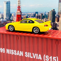BM Creations JUNIOR 1/64 Nissan Silvia S15 Yellow RHD with Extra Wheels, Lowering Parts and Container Display 64DM64009