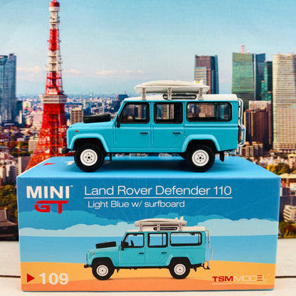 MINI GT 1/64 Land Rover Defender 110  Light Blue w/ Surfboard RHD MGT000109-R
