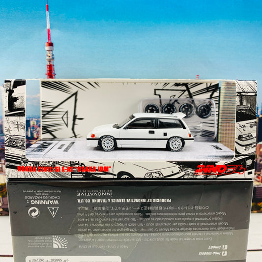 INNO64 1/64 JDM COLLECTION HONDA CIVIC SI E-AT WHITE "OSAKA JDM" with Extra Wheels and Decals IN64-EAT-JDM07