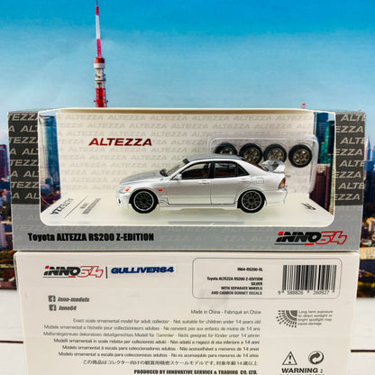 INNO64 1/64 Toyota Altezza RS200 Z-Edition SILVER with Extra Wheels set and Carbon Bonnet decals IN64-RS200-SL