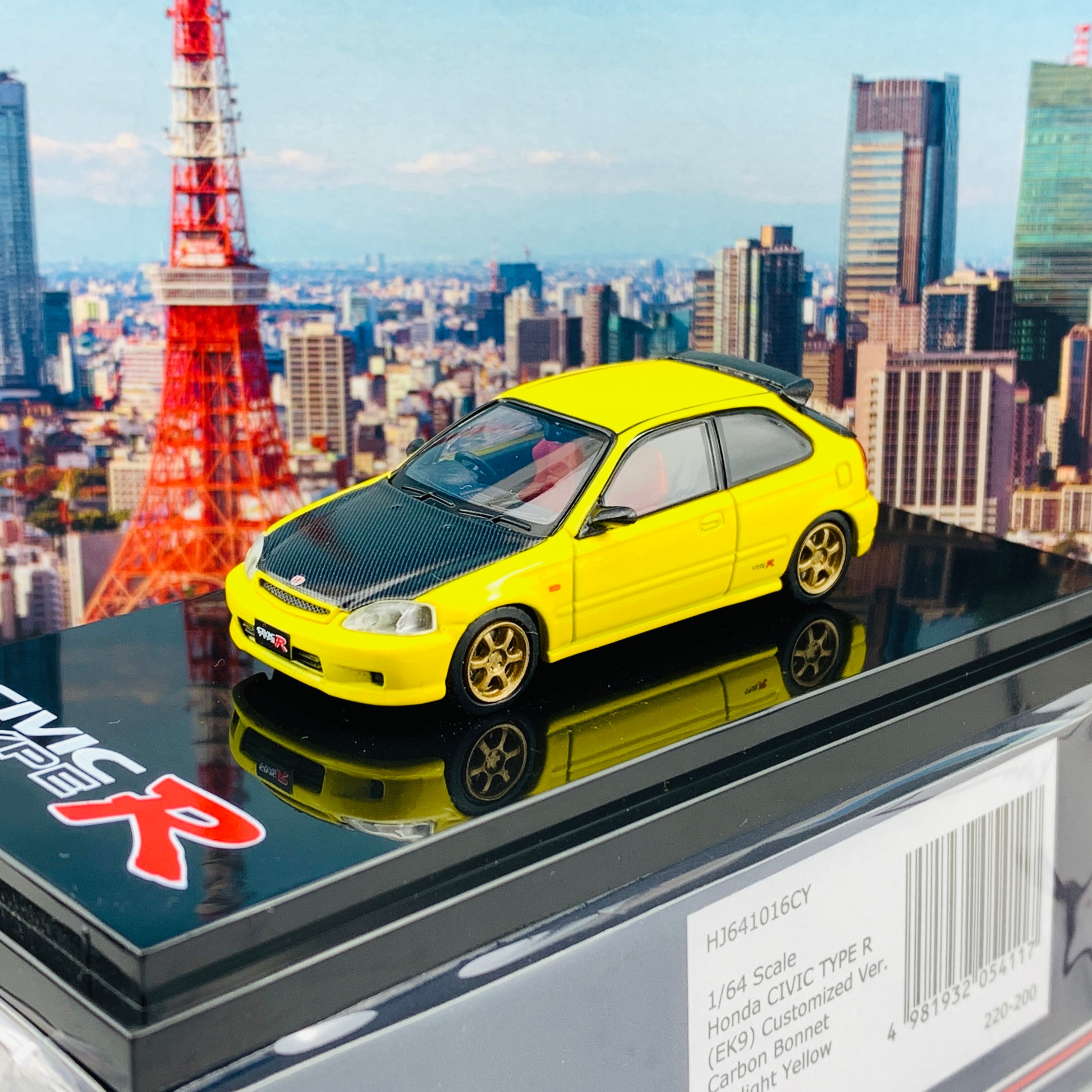 HOBBY JAPAN 1/64 Honda Civic TYPE R EK9 Customized Version Carbon Bonnet SUNLIGHT YELLOW HJ641016CY