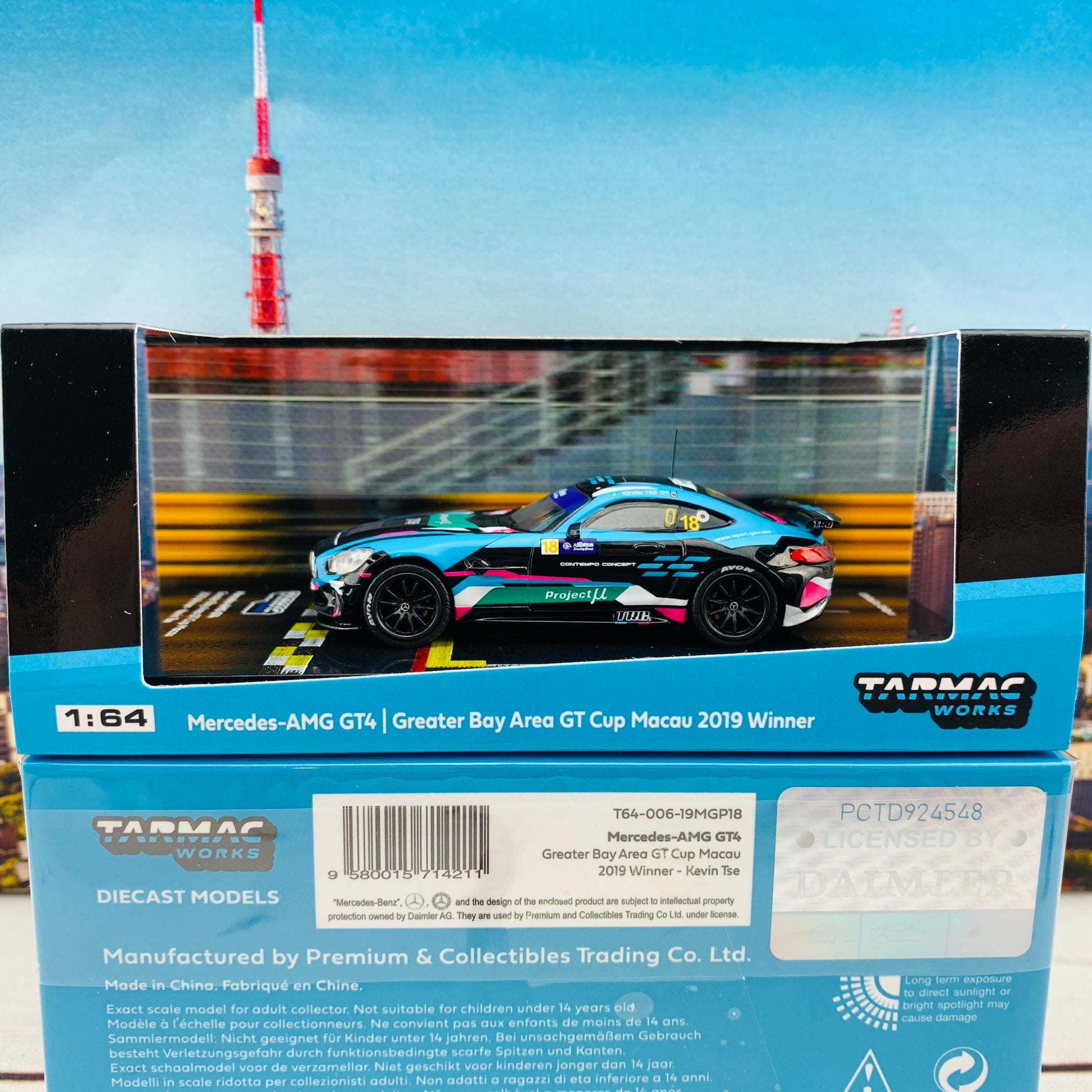 Tarmac Works 1/64 Hobby Collection Mercedes AMG GT4 Greater Bay Area GT Cup Macau 2019 Winner Kevin Tse T64-006-19MGP18 *** Limited to 1248pcs ***