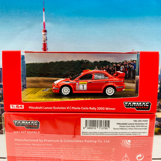 Tarmac Works 1/64 Mitsubishi Lancer Evolution VI Monte Carlo Rally 2000 Winner Tommi Mäkinen - Risto Mannisenmäki *** Decal Included *** T64-021-MAR
