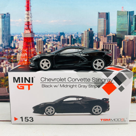 MINI GT 1/64 Chevrolet Corvette Stingray 2020 Black w/ Midnight Gray Stripe LHD MGT00153-L