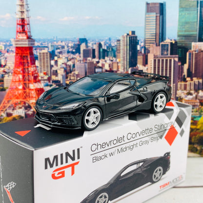 MINI GT 1/64 Chevrolet Corvette Stingray 2020 Black w/ Midnight Gray Stripe LHD MGT00153-L