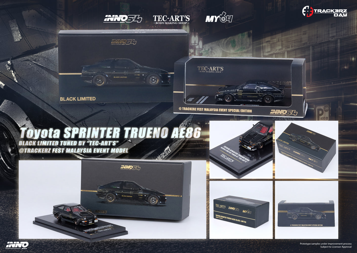 INNO64 1/64 Toyota SPRINTER TRUENO AE86 Black Limited Tuned by "TEC-ART'S" @TRACKERZ FEST MALAYSIA EVENT MODEL