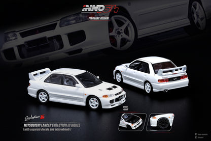 INNO64 1/64 MITSUBISHI LANCER EVOLUTION III White with Extra Decals and Wheels  IN64-EVO3-WHI