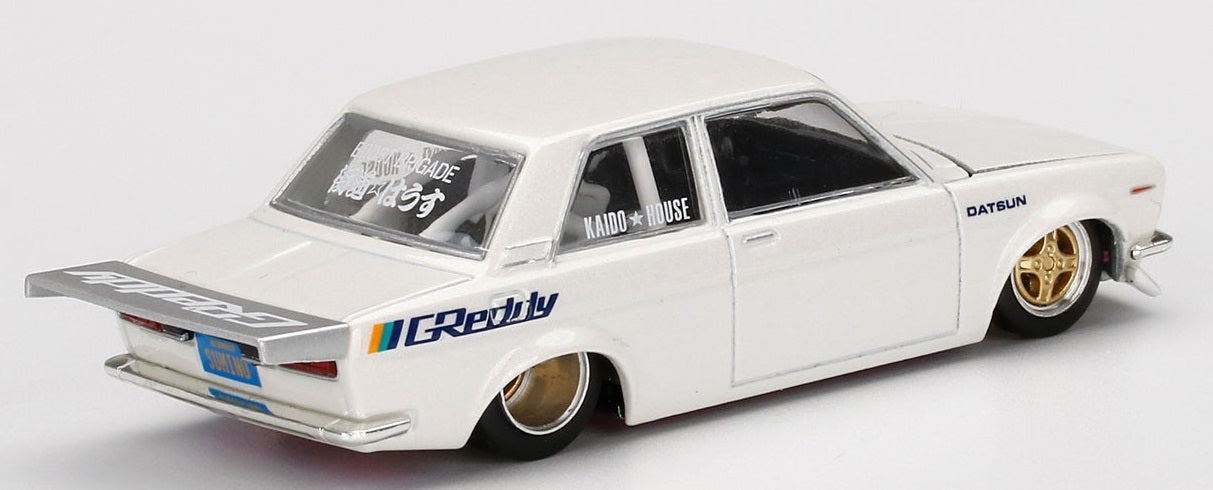 MINI GT x Kaido House 1/64 Datsun 510 Pro Street Greddy Pearl White LHD KHMG016
