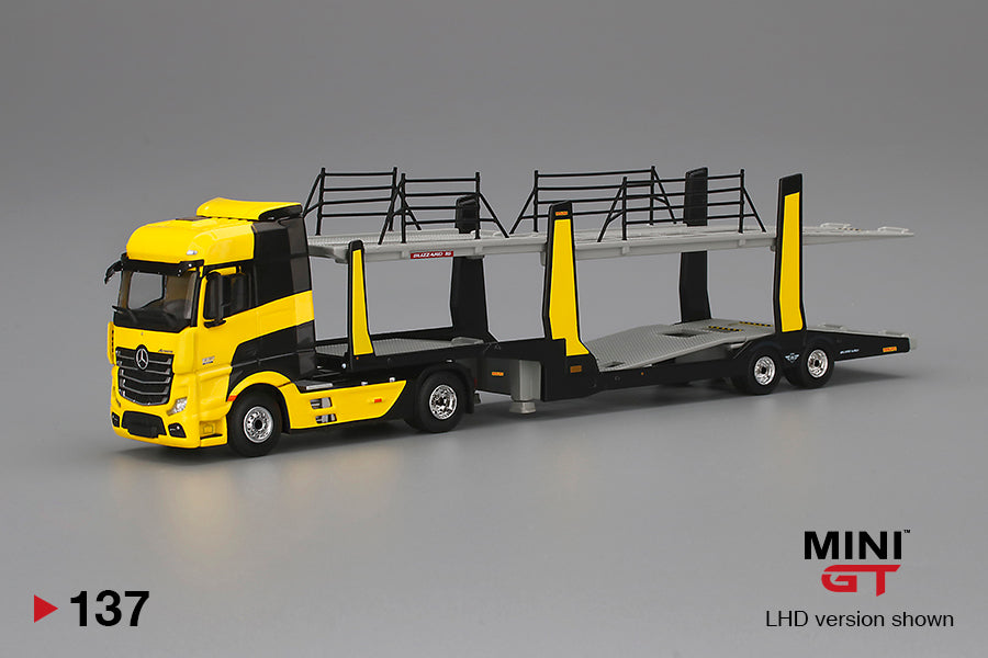 PREORDER MINI GT 1/64 Mercedes-Benz Actros Yellow w/Car Carrier LHD MGT00137-L (Release in July 2020)