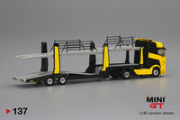 PREORDER MINI GT 1/64 Mercedes-Benz Actros Yellow w/Car Carrier LHD MGT00137-L (Release in July 2020)