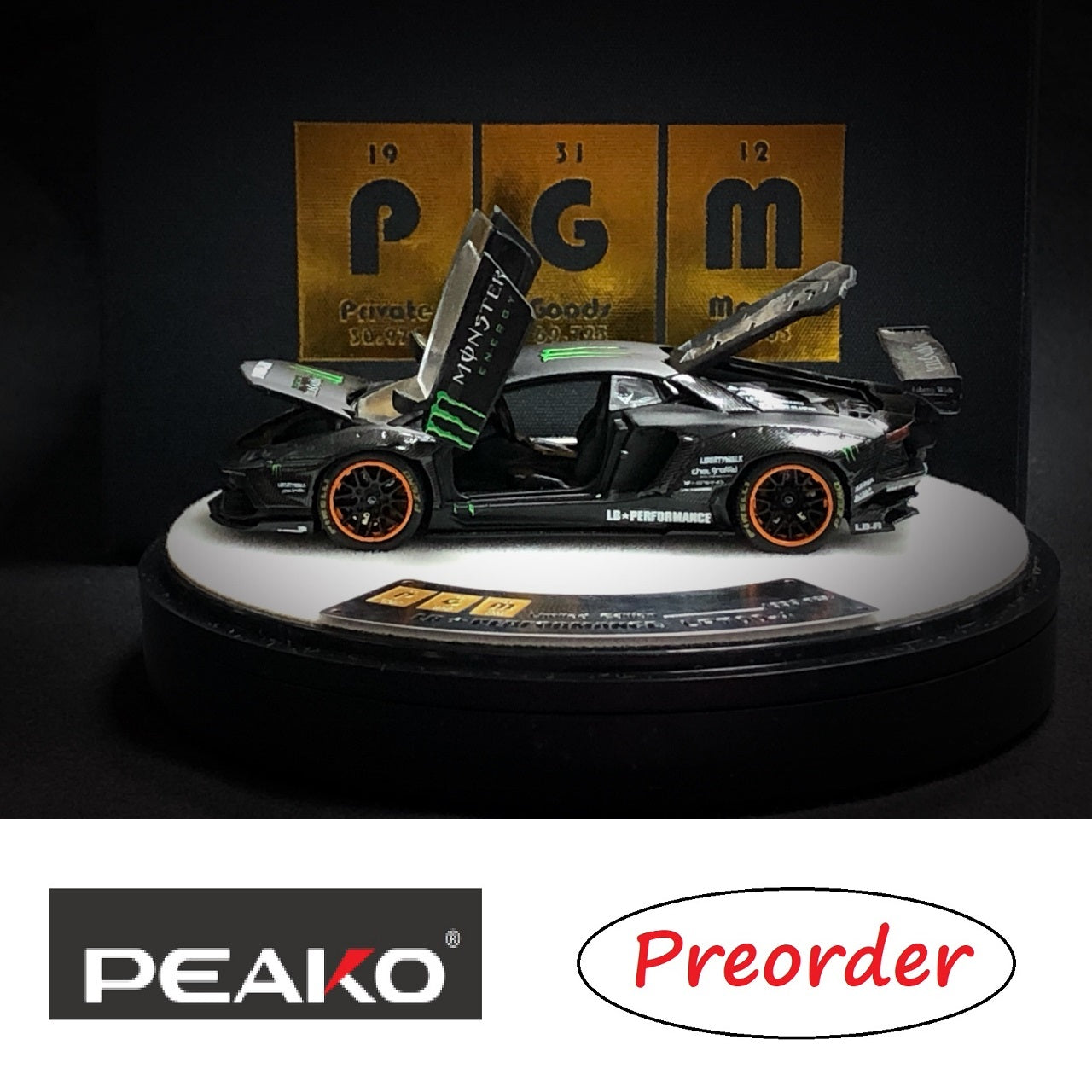 PREORDER PEAKO64 x PGM 1/64 LB 700 Aventador wit ROUND turntable and container PGM-640402B (Approx. Release Date : Aug 2021 subject to manufacturer's final decision)
