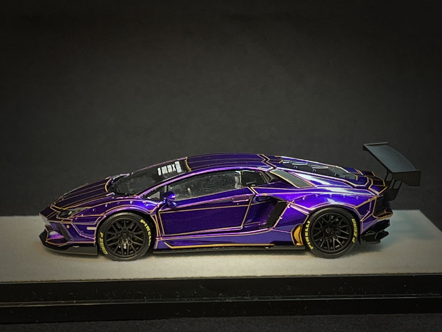 PGM 1/64 LP700 Tron Purple Diecast Fully Opened with rectangular wooden stand PGM-640408A