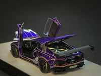 PGM 1/64 LP700 Tron Purple Diecast Fully Opened with rectangular wooden stand PGM-640408A