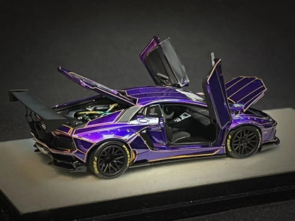 PGM 1/64 LP700 Tron Purple Diecast Fully Opened with rectangular wooden stand PGM-640408A