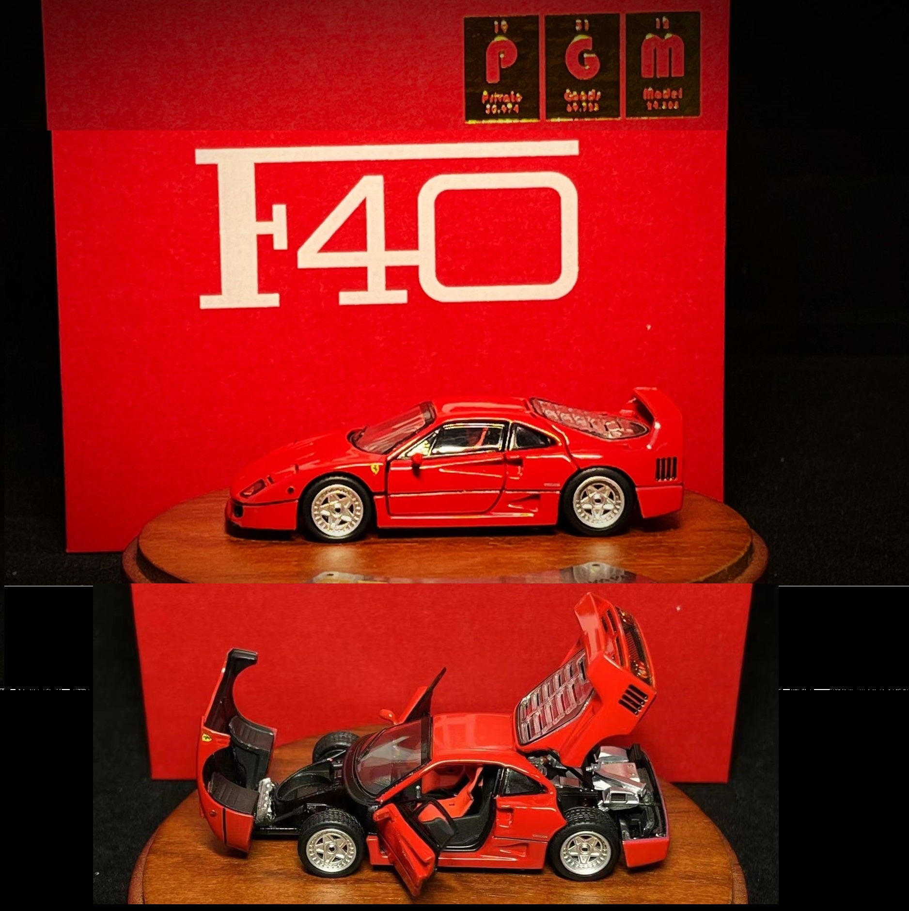 世界限定999台　 プライベートグッズモデル PGM 1/64 F40 PGM 1/64 F40 RED Diecast Fully Opened with rectangular wooden