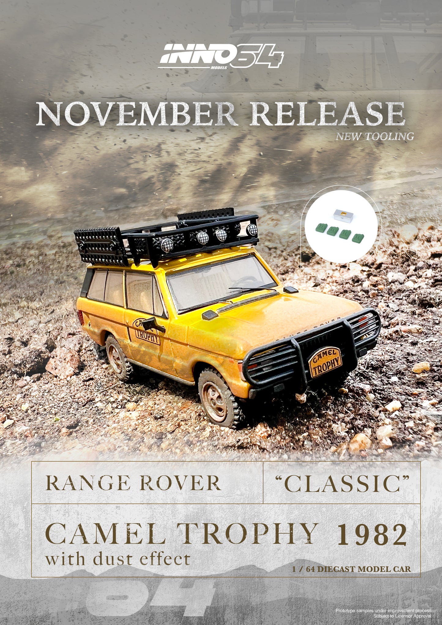 INNO64 1/64 RANGE ROVER "CLASSIC" CAMEL TROPHY 1982 With Dust Effect (1 Tool Box and 4 Fuel/Oil Container included) IN64-RRC-CT82DE