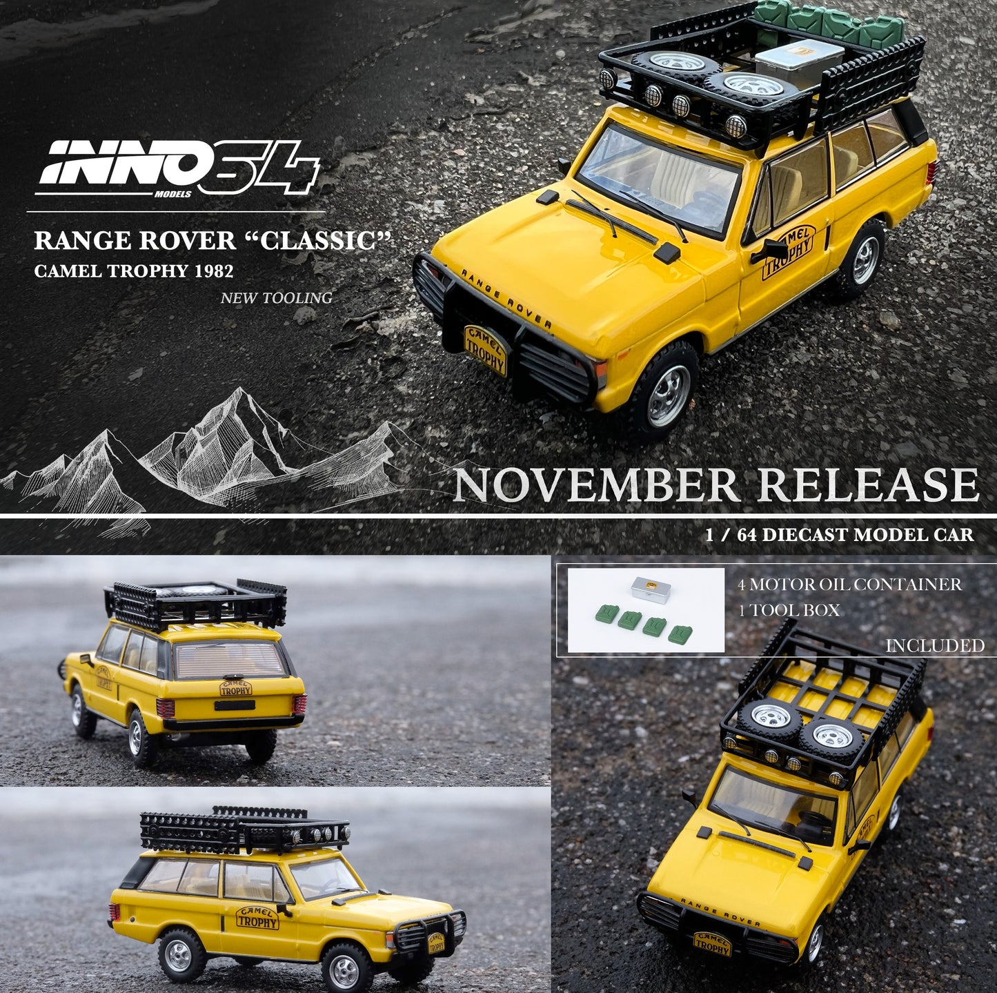 INNO64 1/64 RANGE ROVER "CLASSIC" CAMEL TROPHY 1982 (1 Tool Box and 4 Fuel/Oil Container included) IN64-RRC-CT82