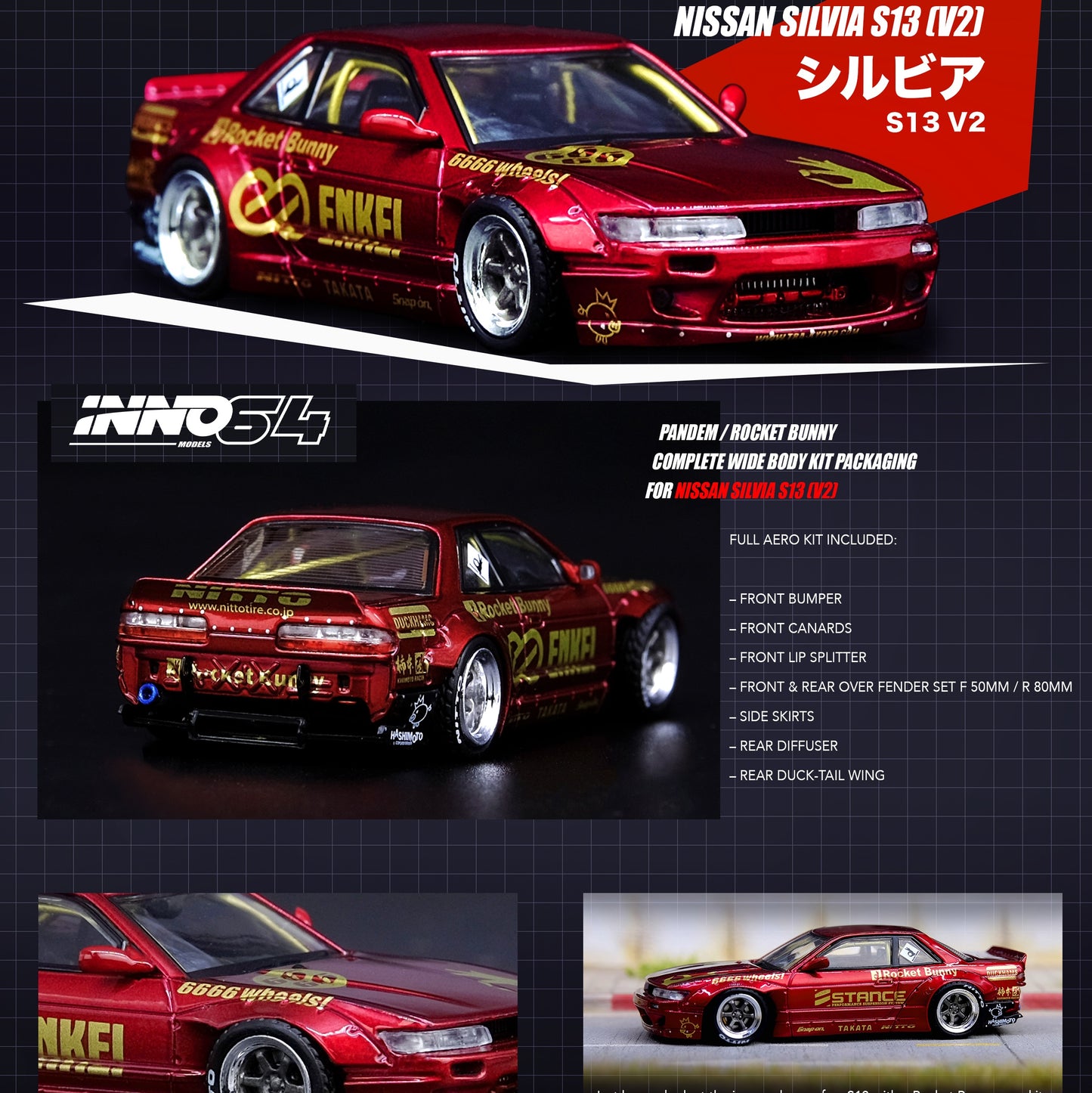 INNO64 1/64 NISSAN SILVIA S13 (V2) PANDEM / ROCKET BUNNY Red Metalic IN64-S13V2-RED