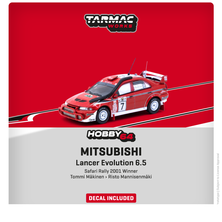 TARMAC WORKS HOBBY64 1/64 Mitsubishi Lancer Evolution 6.5 Safari Rally 2001 Winner Tommi Mäkinen / Risto Mannisenmäki Decal included T64-021-01SAF