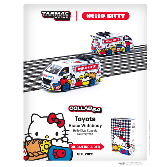 TARMAC WORKS COLLAB64 1/64 Toyota Hiace Widebody Tarmac Works X Hello Kitty Capsule Delivery Van with Metal Oil Can T64-038-HKD