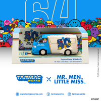 TARMAC WORKS COLLAB64 Toyota Hiace Widebody Mr. Men Little Miss 50th Anniversary with Metal Oil Can T64-038-MR