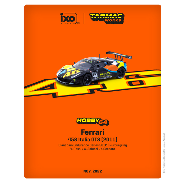 TARMAC WORKS HOBBY64 1/64 Ferrari 458 Italia GT3  (2011) Blancpain Endurance Series 2012 – NURBURGRING V. Rossi / A. Salucci / A.Ceccato T64-073-12BGT46N
