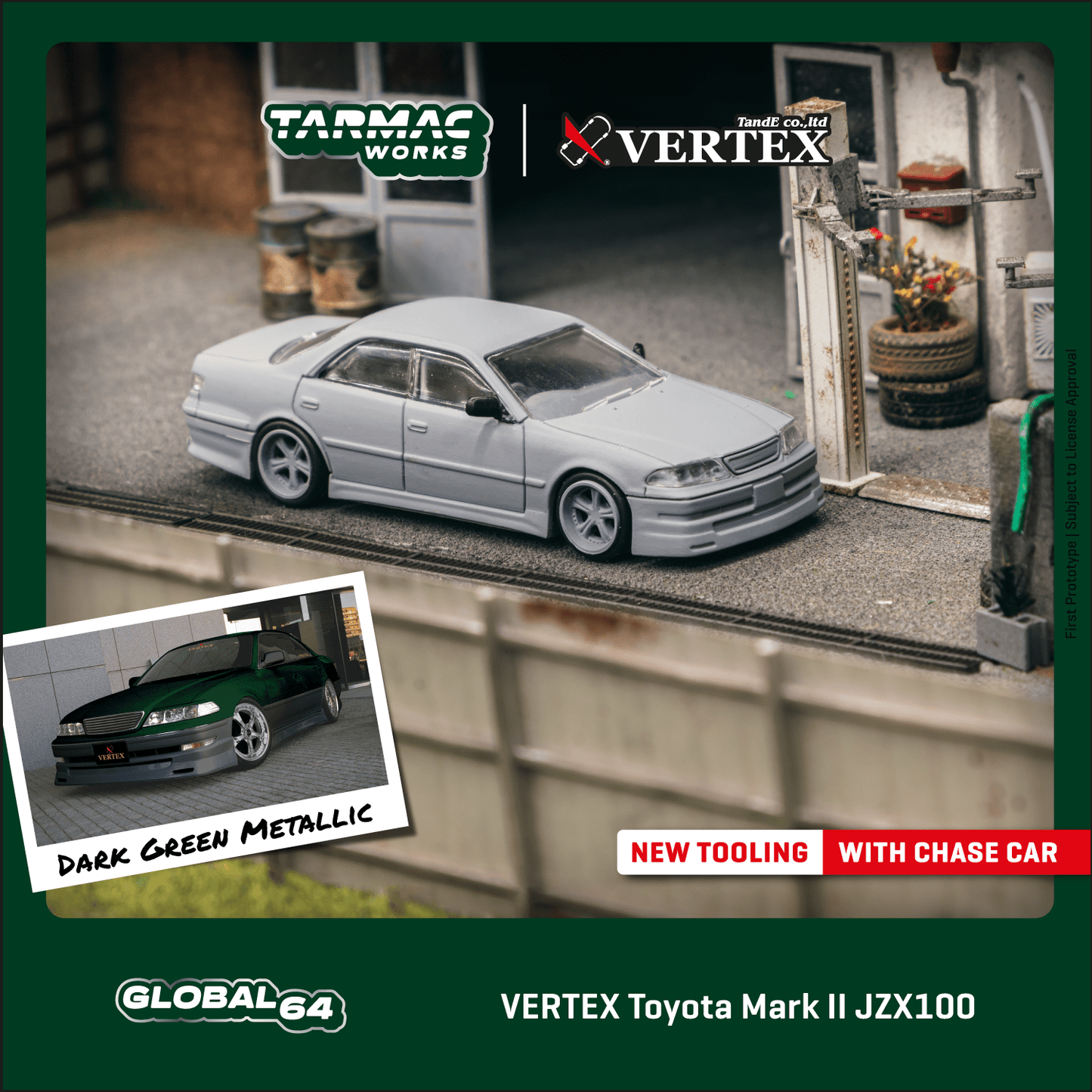 TARMAC WORKS GLOBAL64 1/64 VERTEX Toyota Mark II JZX100 Dark Green Metallic T64G-024-GR