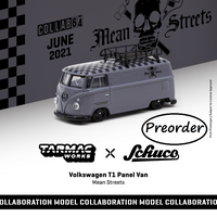 Tarmac Works x Schuco COLLAB64 1/64 Volkswagen T1 Panel Van Mean Streets Special Edition with metal oil can and special paper box T64S-005-FAT