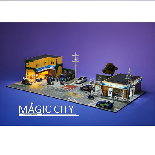 MAGIC CITY 1/64 Diorama - Subaru car repair shop & LAWSON 110056