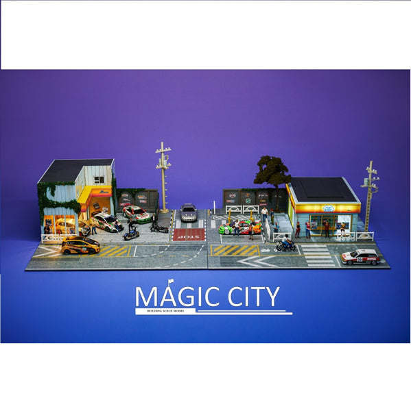 MAGIC CITY 1/64 Diorama - Amemiya car repair shop & ampm supermarket scene 110057