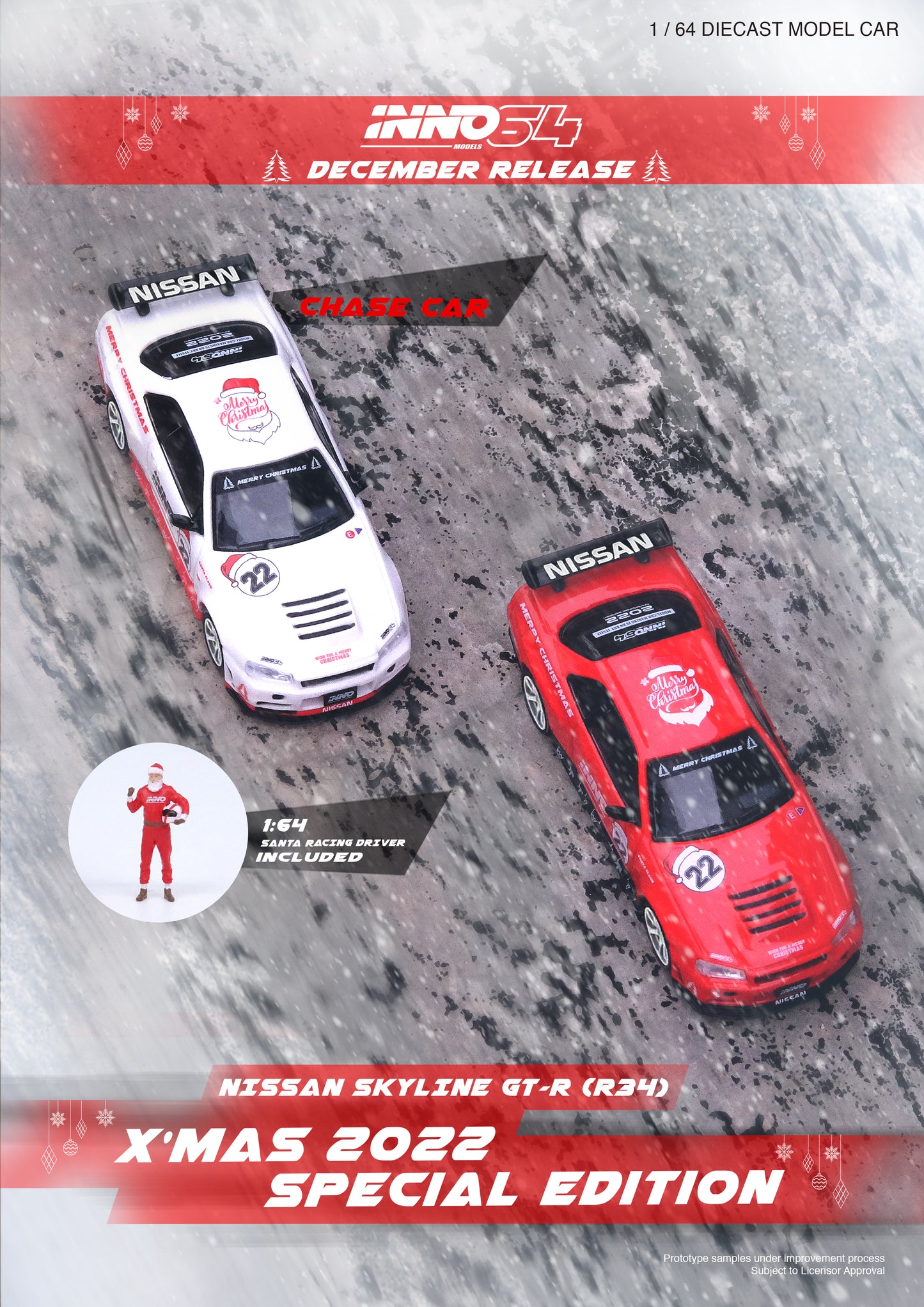 INNO64 1/64 NISSAN SKYLINE GT-R R34 "X'MAS 22" Special Edition With Santa Claus Figure included IN64-R34RT-XMAS22