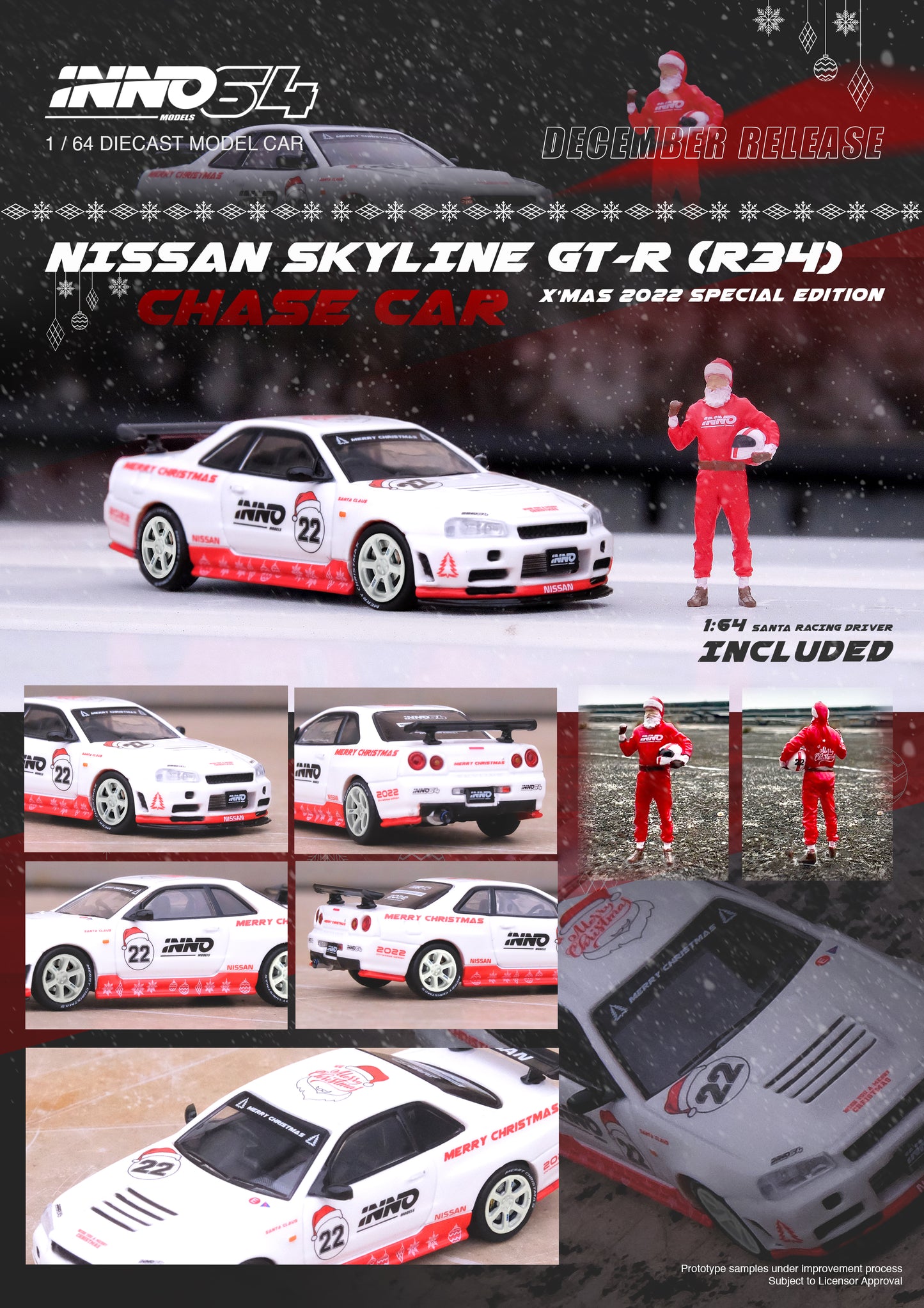INNO64 1/64 NISSAN SKYLINE GT-R R34 "X'MAS 22" Special Edition With Santa Claus Figure included IN64-R34RT-XMAS22