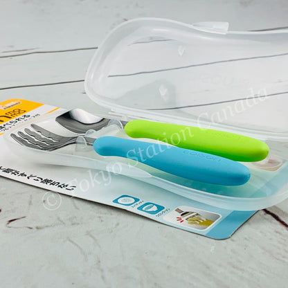 EDISON mama Fork & Spoon Set (KIWI & SKY) with Carrying Case Made in Japan KJ2834
