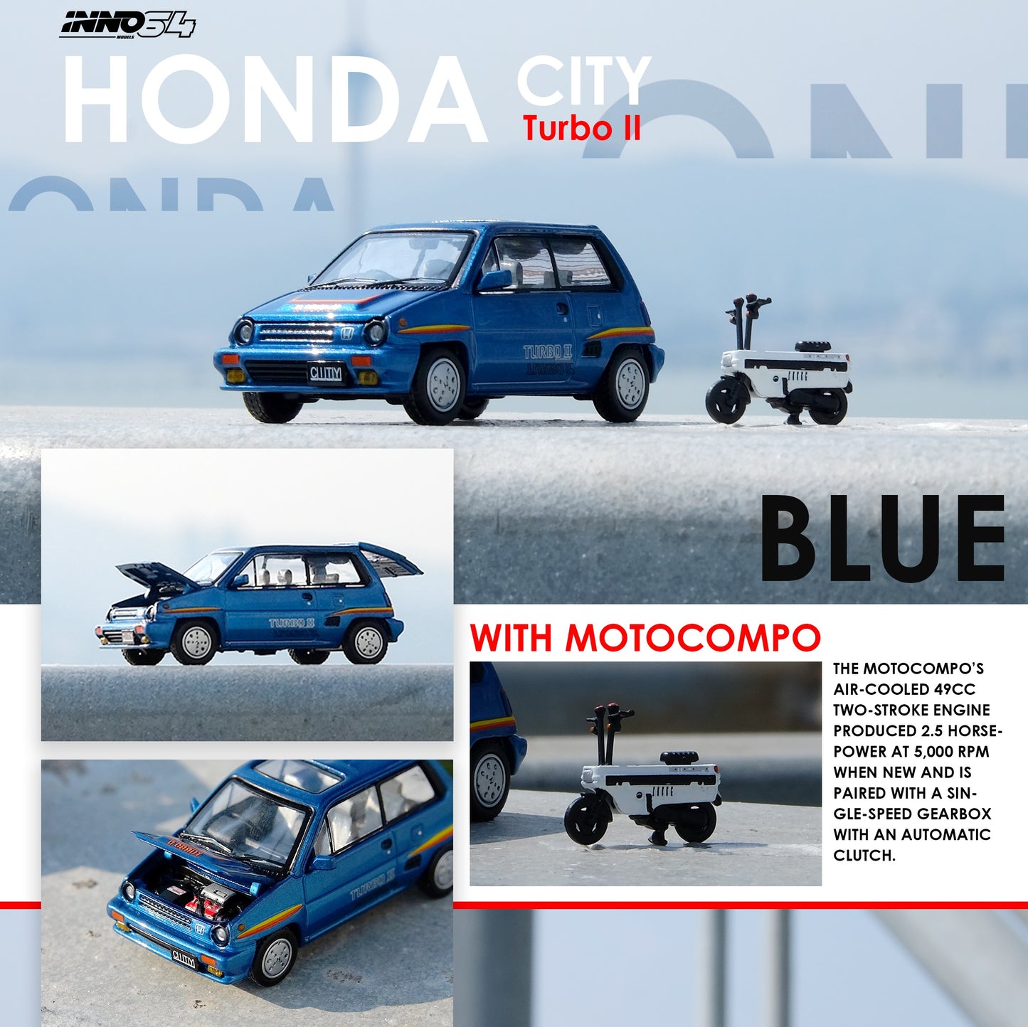 INNO64 1/64 HONDA CITY TURBO II BLUE With White MOTOCOMPO IN64-CITYII-BLU