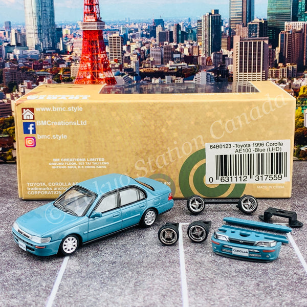 BM Creations JUNIOR 1/64 Toyota 1996 Corolla AE100 Blue LHD with Extra Wheels, Lowering Parts and Extra Bumper 64B0123