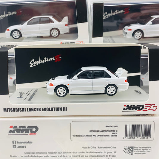 INNO64 1/64 MITSUBISHI LANCER EVOLUTION III White with Extra Decals and Wheels  IN64-EVO3-WHI
