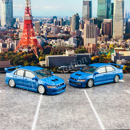 BM CREATIONS JUNIOR 1/64 Mitsubishi Lancer Evolution VII BLUE RHD with Extra Wheel Set and Lowering Parts 64B0088