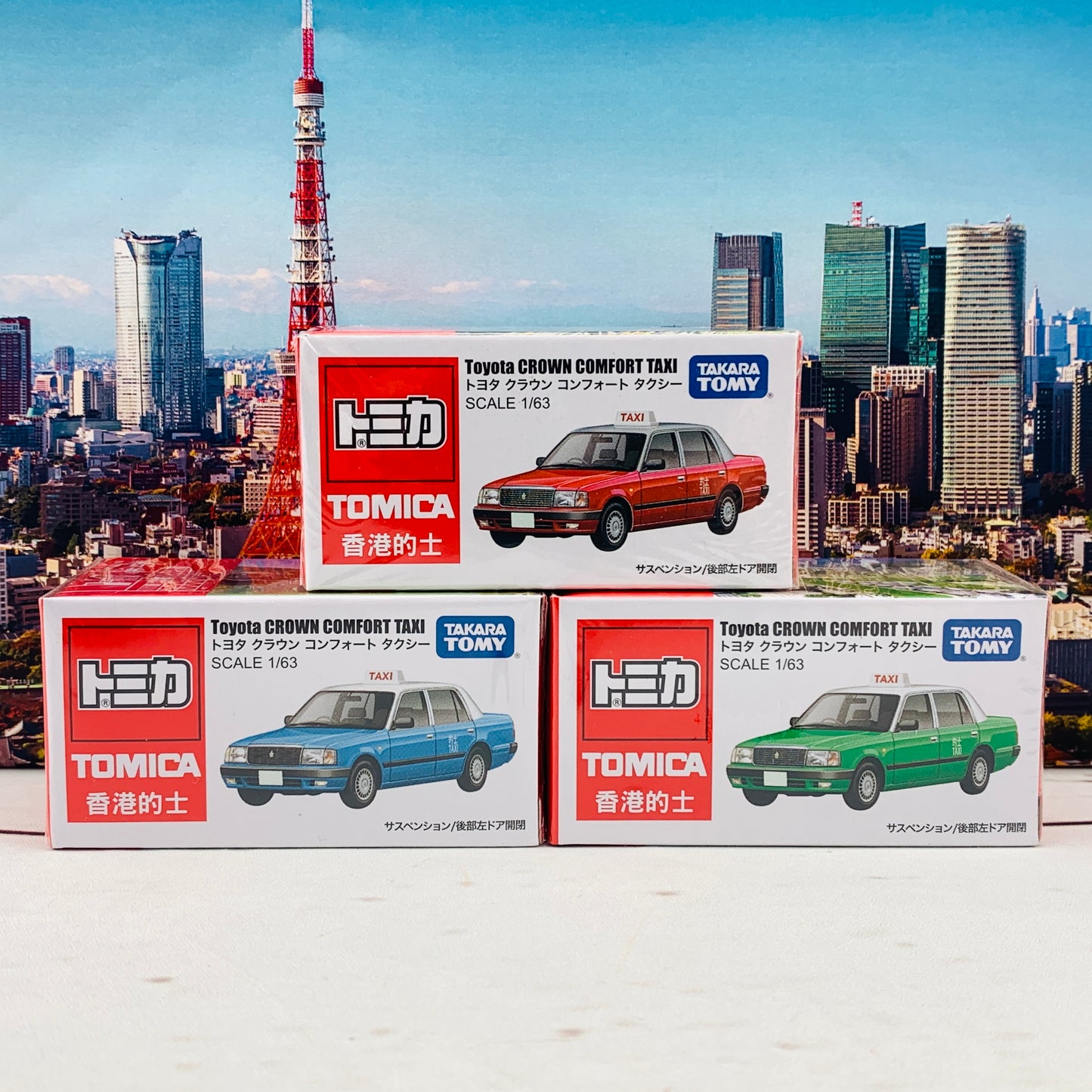 Tomica Toyota Crown Comfort Taxi 香港的士 Set of 3 (Red / Blue / Green)