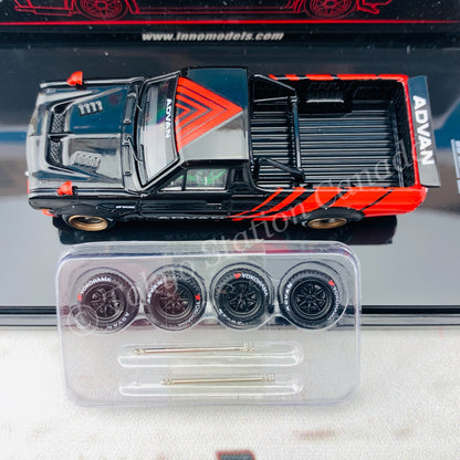INNO64 1/64 NISSAN SUNNY "HAKOTORA" Pickup Truck  "ADVAN" Concept Livery WITH EXTRA WHEELS IN64-HKT-AD