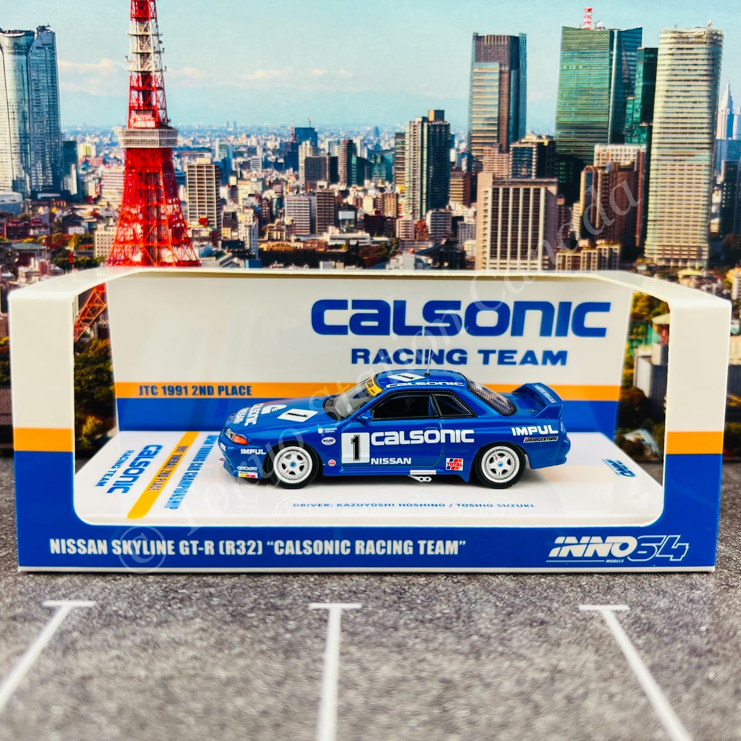INNO64 1/64 NISSAN SKYLINE GTR (R32) #1 CALSONIC RACING TEAM JTC 1991 2ND PLACE  IN64-R32-CASET91