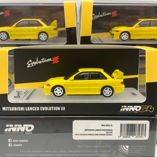 INNO64 1/64 MITSUBISHI LANCER EVOLUTION III 1995 Yellow Whith Separate bonnet carbon decals and Extra wheels IN64-EVO3-YL